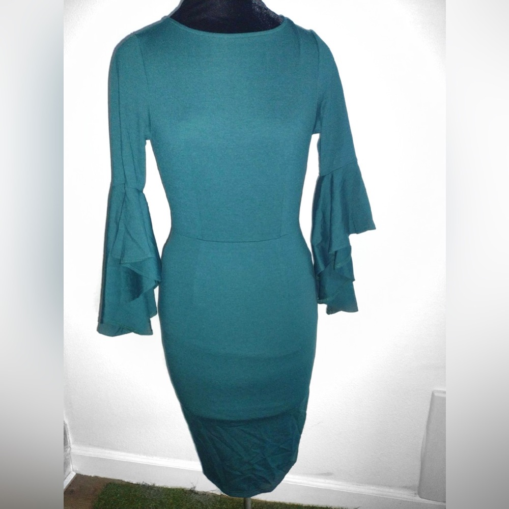 NWT Vfshow Bell Ruffle Sleeve Bodycon Midi Dress Dark Green Blue XS - Picture 3 of 11